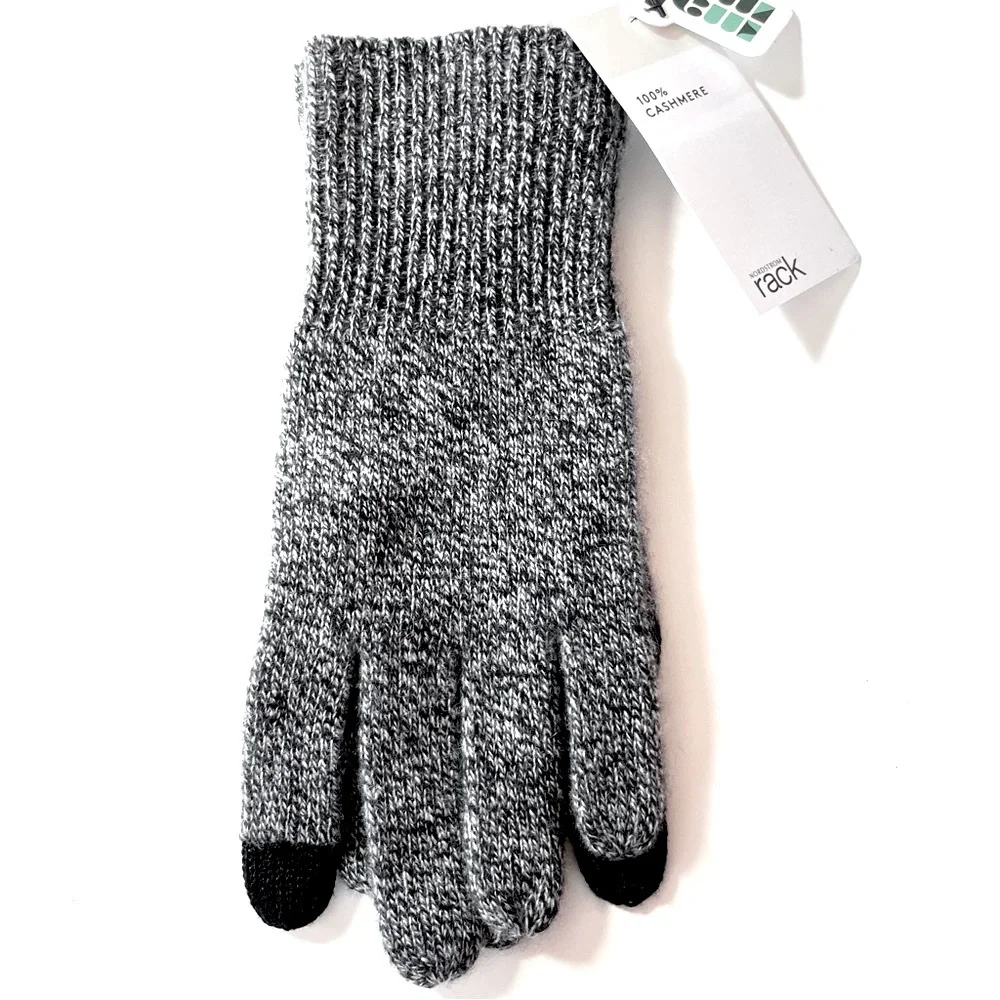 Nordstrom Rack Women’s 100% Cashmere Soft Gloves OS Heather Black Tech-Touch